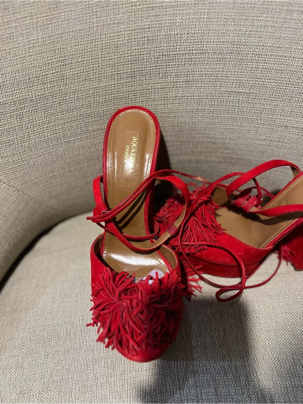 Aquazzura Red Suede Tassel Platform Block Heel Sandals